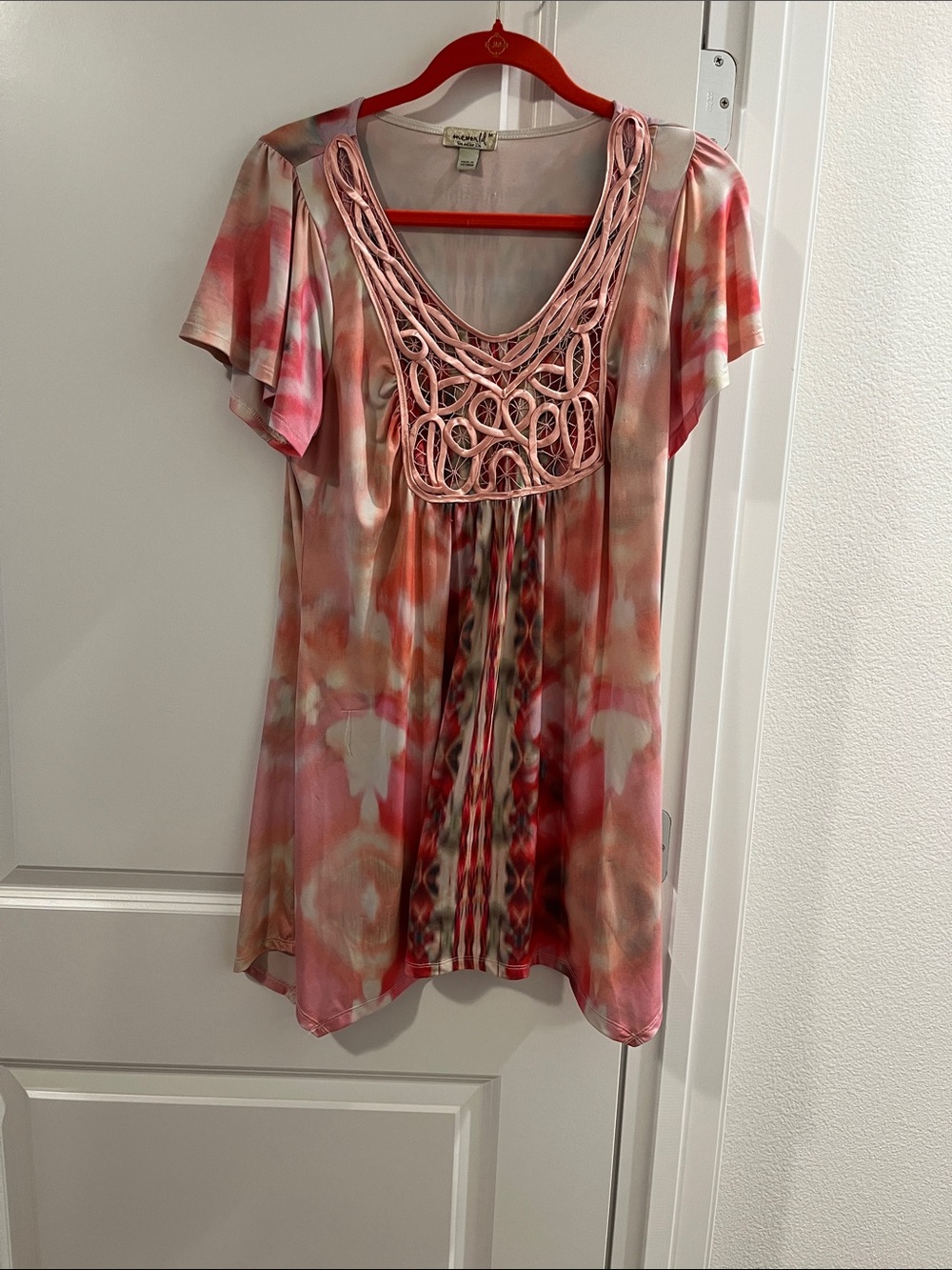 ONE WORLD Pink Multi-Print Crochet Yoke Tunic